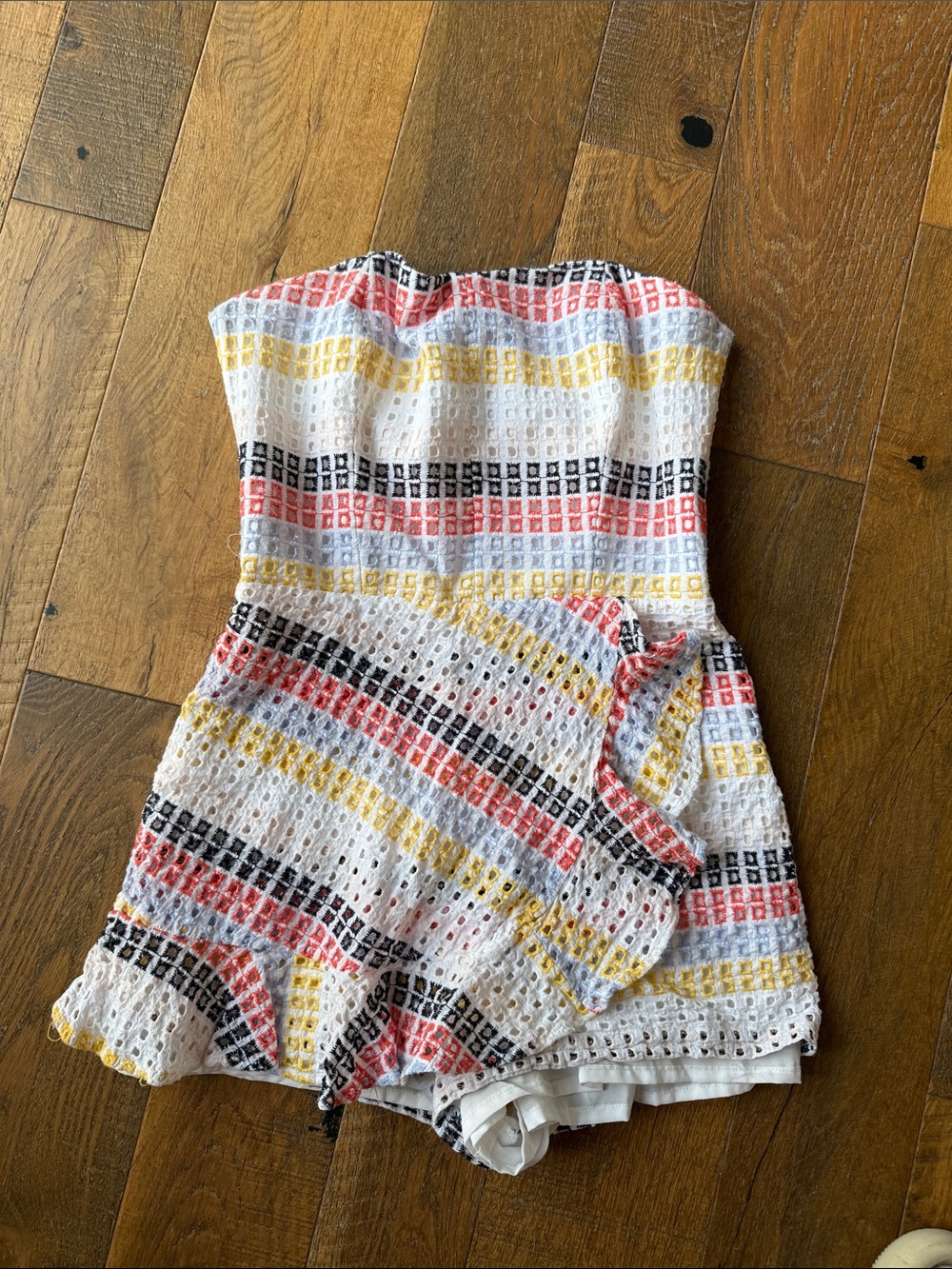 Strapless Eyelet Romper Dress in White with Coral, Yellow & Black Stripes
